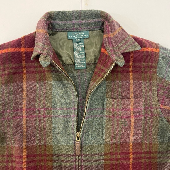 Vintage Lauren Ralph Lauren Petite Tweed Tartan Lamb Wool Leather Elbow Womens M - Picture 4 of 14
